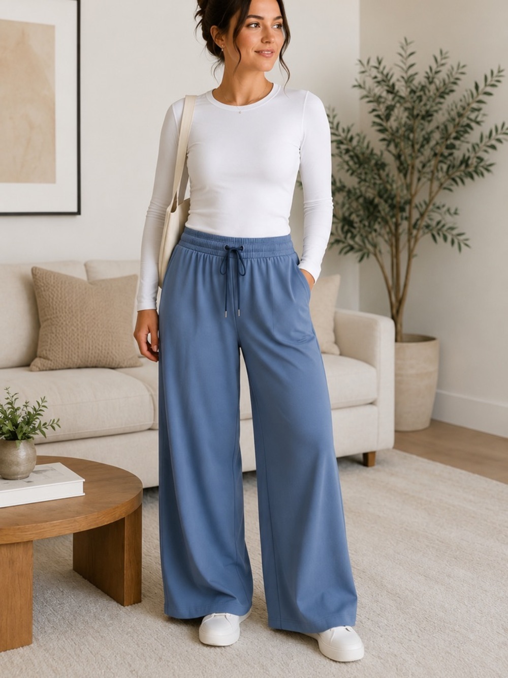 Lululemon Wide Leg Pants Womens S Blue Luxtreme Drawstring Pull On Pockets